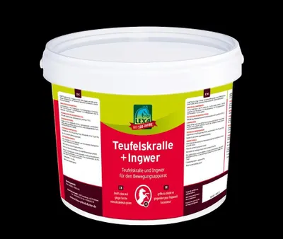 A white plastic tub with a red and green label, containing horse supplement, is shown against a black background.