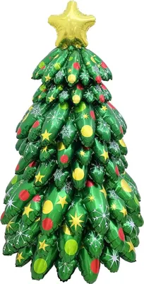 A 3D Christmas tree made of green balloons with festive decorations and a gold star on top, set against a white background.