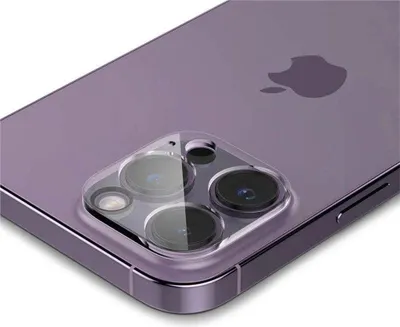 Close-up of the rear camera module of a purple iPhone, covered by a clear protective lens cover.