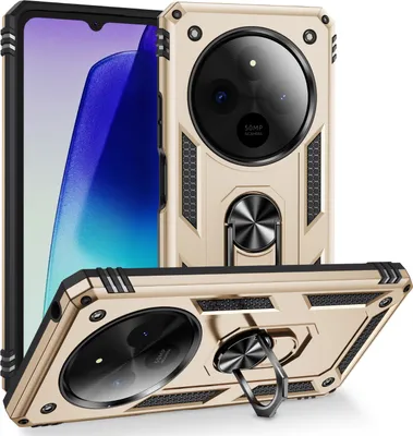 Produktbild von Schutzhülle für Xiaomi Redmi 14C Dual Layer Robust Militäre Fallschutz Hülle mit Ringhalterung Ständer Gold