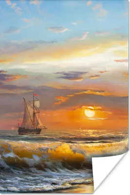 Produktbild von MuchoWow® Poster Malerei - Wasser - Segelboot - Ölfarbe 80x120 cm - Papierdruck