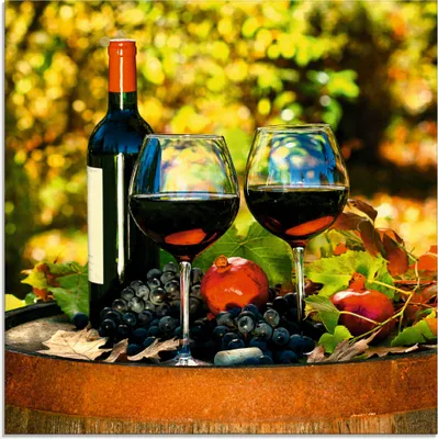 Produktbild von ARTland Glasbild Gläser Rotwein auf altem Fass Größe: 20x20 cm
