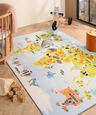 Immagine prodotto di Tappeto per bambini Unyqoos® Joy, mappa del mondo, blu, 140x200 cm, morbido e resistente, antiscivolo,  Oeko-Tex, ideale come tappeto da gioco per la cameretta