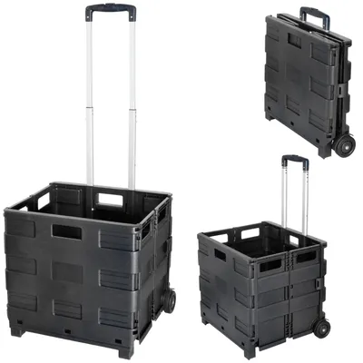 Produktbild von Klappbox Trolley schwarz 42x40x37cm Kunststoff Aluminium Klappkiste belastbar bis 20 Kg klappbar Transportbox Teleskopgriff