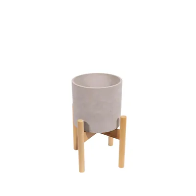 Produktbild von Blumentopf aus Zement – rund, Natural Color, mit Holzständer