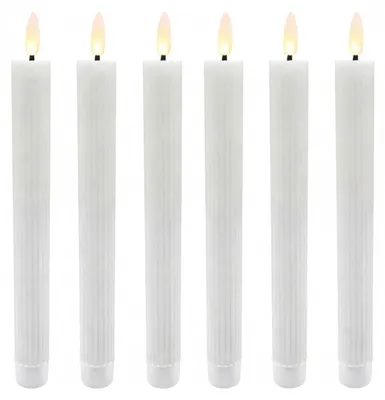 Produktbild von Relaxdays LED Stabkerzen, 6er Set, HxD: 25 x 2 cm, flackernde Flamme, Echtwachs, mit Rillen, flammenlose Kerzen, weiß