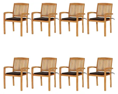 Produktbild von Stapelbare Gartenstühle mit Kissen 8 Stück aus Teakholz für Garten, Pool, Terrasse und Esszimmer
