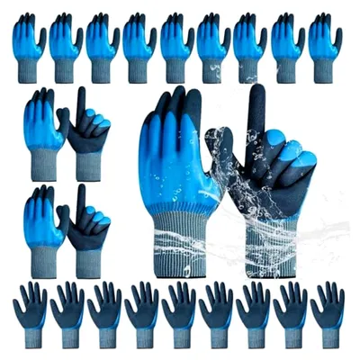 Produktbild von 12 Paar wasserdichte Latex Arbeitshandschuhe für Herren, Gartenhandschuhe mit Grip, rutschfest und mit Thermofutter, Blau, Größe XL