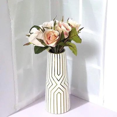 Produktbild von Unyqoos®️ 30 cm Weiße Gold Gestreifte Vase - Keramik Blumenvasen - Elegante Dekoration - Ideal für Familie und Geschenke