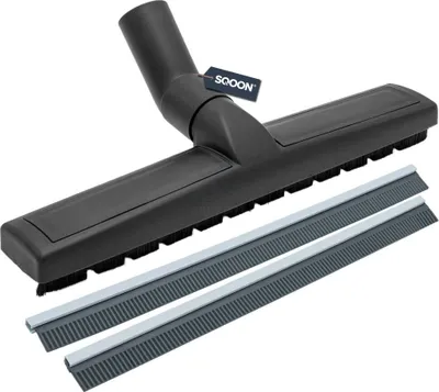 A black vacuum cleaner nozzle with two gray brush strips against a white background.