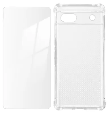 A transparent phone case and a screen protector are shown side-by-side on a white background.