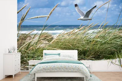 Produktbild von MuchoWow® Fototapete für Wohnzimmer oder Schlafzimmer Wandtapete Vinyl Motivtapete Strand - Vogel - Pflanzen - 450x300 cm - Gemusterte
