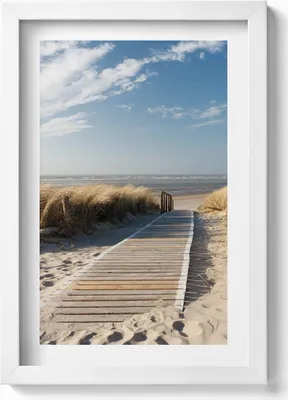 Produktbild von Blick auf den Strand und das Meer– Wandbild mit Rahmen – Gerahmtes Bild  – Wanddekoration – 20x30 cm – Weiß