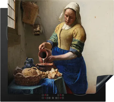 Produktbild von KitchenYeah© Herdabdeckplatte Das Milchmädchen - Gemälde von Johannes Vermeer , 59x52cm, Küche Deko, Glaskeramikkochfeld Herdabdeckung, Abdeckplatte fùr Kochfeld