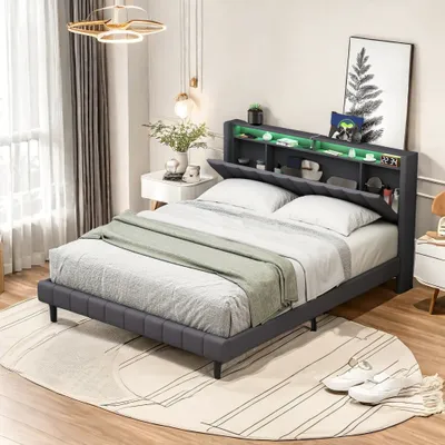 Immagine prodotto di Letto imbottito ProximaX Illuminazione a LED Letto matrimoniale con contenitore 140x200cm lino，grigio