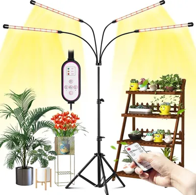 Obrázok produktu pre Rastlinná lampa so stojanom, rastlinná lampa so 4 hlavami a plným spektrom, rastlinné osvetlenie, rastlinná lampa s 3 farebnými režimami, 5-stupňové stmievanie, automatický časovač 6/12/16 hodín