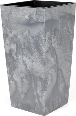 A tall, square planter with a marble-like gray pattern.