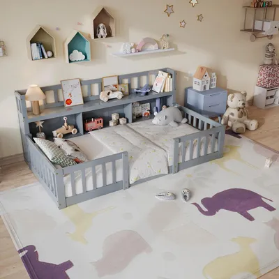 Produktbild von Kinderbodenbett - Montessori-Bett - 90 x 200 cm - Rausfallschutz - Stauraum - Lattenrost - Holz - Grau