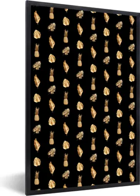 Produktbild von MuchoWow® MuchoWow® Gerahmtes Poster Blätter - Muster - Gold 40x60 cm - Poster mit zchwarzem Bilderrahmen - Papierdruck - Wandbilder