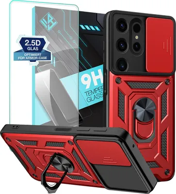 Produktbild von Armor Handyhülle für Samsung Galaxy S24 Ultra mit 9H Displayglas Displayschutz Kameraschutz Handy Panzer Case Cover Schutzhülle Outdoor Farbe: Rot