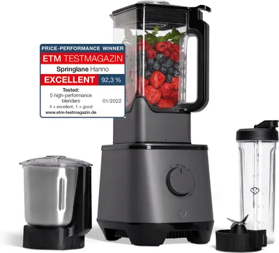 Produktbild von SPRINGLANE Hochleistungsmixer Hanno 2000 W, 2,5 L Tritan-Behälter, Selbstreinigungsfunktion, inkl. Edelstahlbehälter & To-Go Flasche