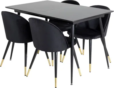 Image de SilarBLExt ensemble table, table extensible longueur cm120 / 160 noir et 4 Velvet chaises Velours noir, laitonReproduction.