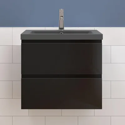 Produktbild von Waschtisch mit Unterschrank 60cm Alast Badmöbel Set Hochglanz Schwarz Waschbecken Dunklegrau mit Unterschrank MDF Softclose