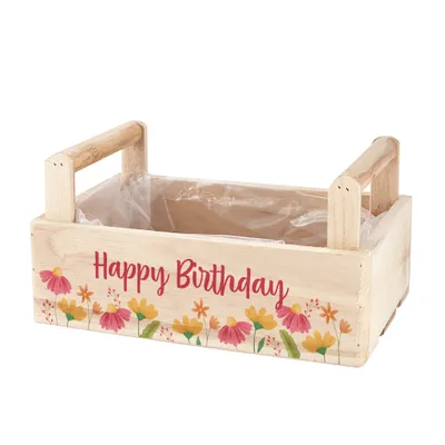 Produktbild von Geschenkbox aus Holz zum selbst Befüllen - mit Blumenmotiv und Aufschrift "Happy Birthday"