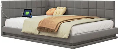 Produktbild von Polsterbett Schlafsofa(140*200,Grau)Multifunktionsbettmit LED Lichtleiste, USB Steckdose und Lattenrost, hautsympathischer Samtstoff