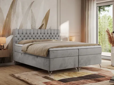 Produktbild von MKS MEBLE Boxspringbett 140x200, Bett 140x200 mit Matratze H4, Boxspringbett 140x200 mit Bettkasten und Topper, Polsterbett 140x200 Füße - GRIMALDI - 140x200 - Hellgrau Velvet - H4