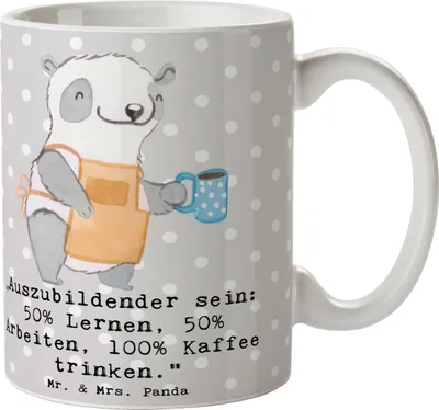 Produktbild von Mr. & Mrs. Panda haferl Auszubildender - Grau Pastell - Geschenk, Tasse mit Motiv, Anerkennung, handgefertigte Geschenke, Entdecken, Kaffeetasse, Herz, schöne, Beruf