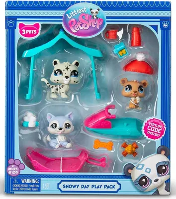 A product packaging for a Littlest Pet Shop "Snowy Day Play Pack" toy set, featuring several pet figures and accessories.