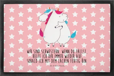 Produktbild von Mr. & Mrs. Panda Fußabstreifer Einhörner Umarmen 50 x 75 cm - Rot Pastell - Geschenk, BFF, Liebe, Bodenvorleger, Unicorn, Eingangsmatte, Gummimatte, Geschwister, fußmatte