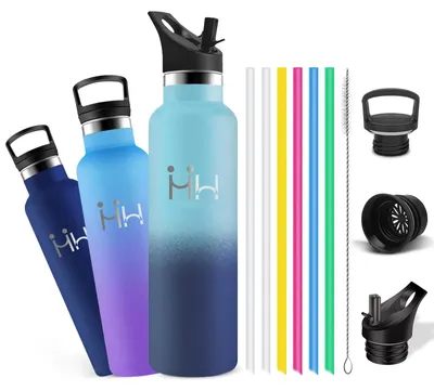 Produktbild von Trinkflasche Edelstahl, Trinkflasche 1l, Wasserflasche Sport mit Strohhalme