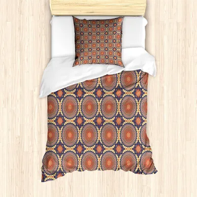 Produktbild von ABAKUHAUS Mandala Bettbezug Set, Ethnische Rundfigur mit Arabesken-Design Details östliche antike maurische Kultur, 135 x 200 cm + 80 x 80 cm, Mehrfarbig