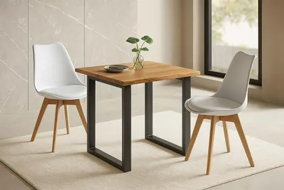 Produktbild von Essgruppe Baumkante massiv 80 x 80 cm Holz Wildeiche-Optik U-Gestell schwarz & 2 Stühle weiß JOSY