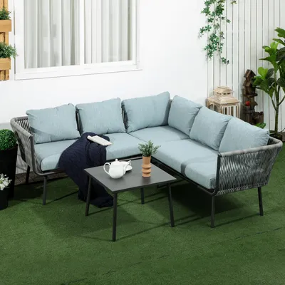 Produktbild von Outsunny 4-teiliges Rattan Gartenmöbel-Set – Sitzgarnitur mit Kissen, 2 Doppelsofas, 1 Ecksofa & Couchtisch, für Balkon & Terrasse