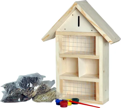 Produktbild von dobar Insektenhotel zum Bemalen, Bienenhaus Bausatz, Bastelset mit Pinsel & Farben, 34 x 12 x 45 cm