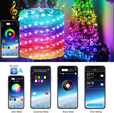 A collage showing a string of colorful LED lights wrapped around a cylinder and a Christmas tree, along with screenshots of a mobile app used to control the lights.