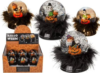 Produktbild von Glitterkugel, Halloween, auf Sockel mit Federn &