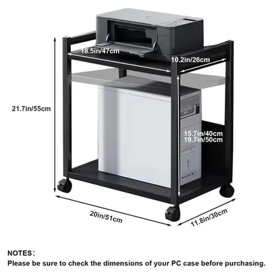 Produktbild von Drucker- und PC-Tower Ständer - 2‑stöckiger CPU‑Rollwagen - Unter dem Schreibtisch - 360° Rollen - Stahlrahmen