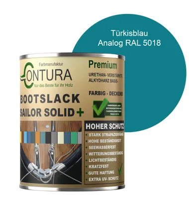 Produktbild von Contura Bootslack 1Liter. Farbig Glänzend Yacht- Buntlack Metall Holz GFK Holzlack Schiffslack RAL Boot - Türkisblau RAL 5018 Analog