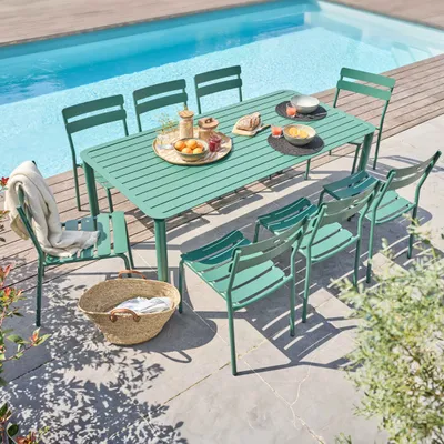Image de Ensemble table de jardin et 8 chaises vert foncé - Oviala Almada