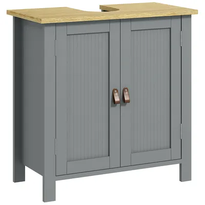 Image de kleankin Meuble sous lavabo, meuble de salle de bain sous lavabo, 2 portes, étagère réglable, 2 étages à l'intérieure, poignées en PU, 60 x 30 x 60 cm, gris