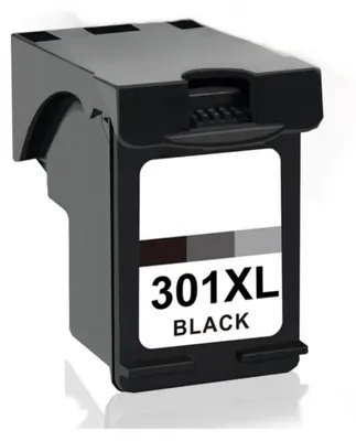 A black ink cartridge with a white label showing product information.