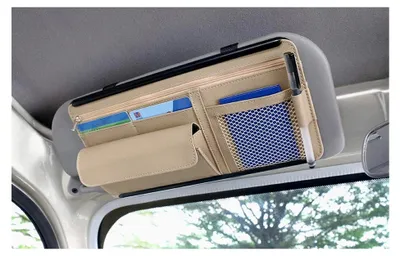 Produktbild von Auto Sonnenblende Organizer, Leder Aufbewahrungstasche für Karten, Lizenz, Registrierung, Stift, Brillen und Dokumente, passend für die meisten Autos, SUVs und LKWs (Beige)