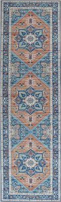 Produktbild von BELIANI Teppich Blau / Orange Polyester 60 x 200 cm Kurzflor Maschinengewebt Rechteckig Wohnzimmer Flur orientalisches Muster