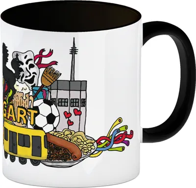 Produktbild von Kaffeebecher Henkel und Innenseite Schwarz mit Wimmelgrafik Stuttgart
