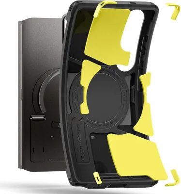 A disassembled phone case with protective yellow inserts.