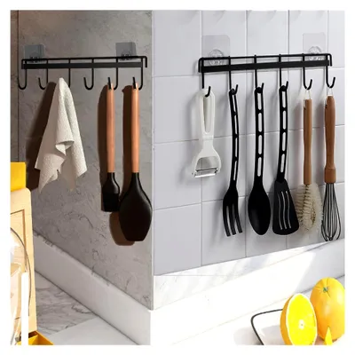 Produktbild von 2St Hakenleiste für Küchenutensilien, ohne Bohren Hängeleiste für Küchenutensilien,Küchenutensilien-Organizer-Rack mit 6 Haken,Küchenutensilienhalter für Küche/Bad (Schwarz)